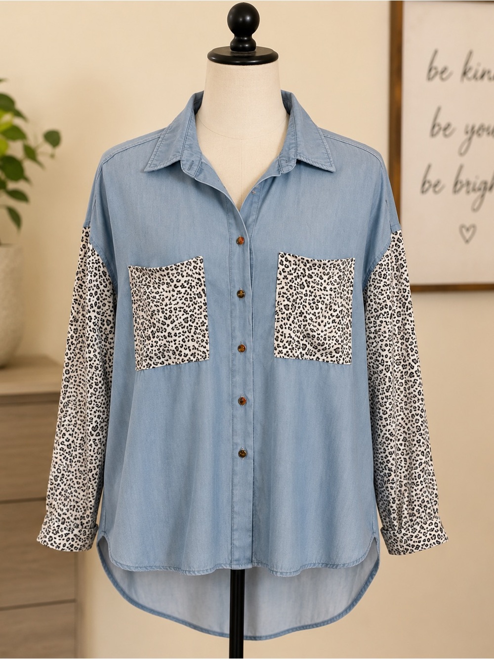 SHEIN Light Blue Denim-Look Button Down with Leopard Print Accents